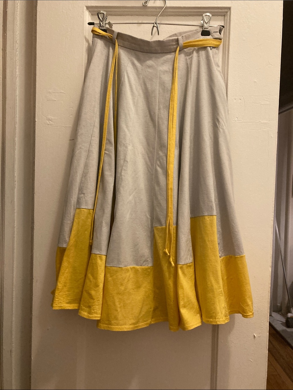 A-Line Midi Skirt in Cream with Yellow Block Hem